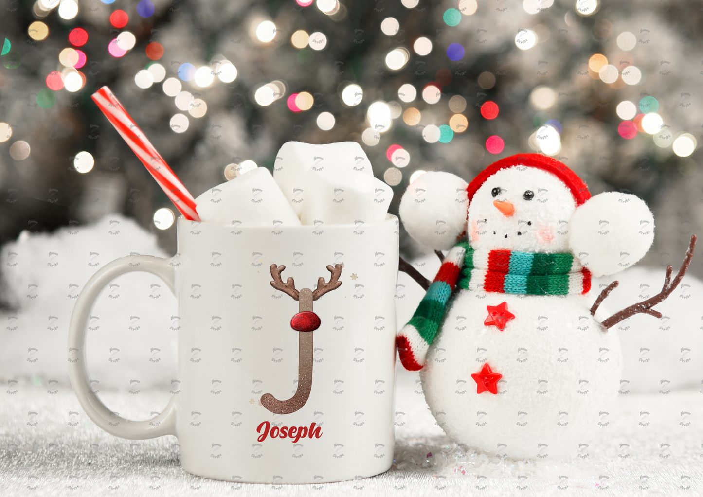Personalised Reindeer Red Nose Initial and Name Christmas Mug