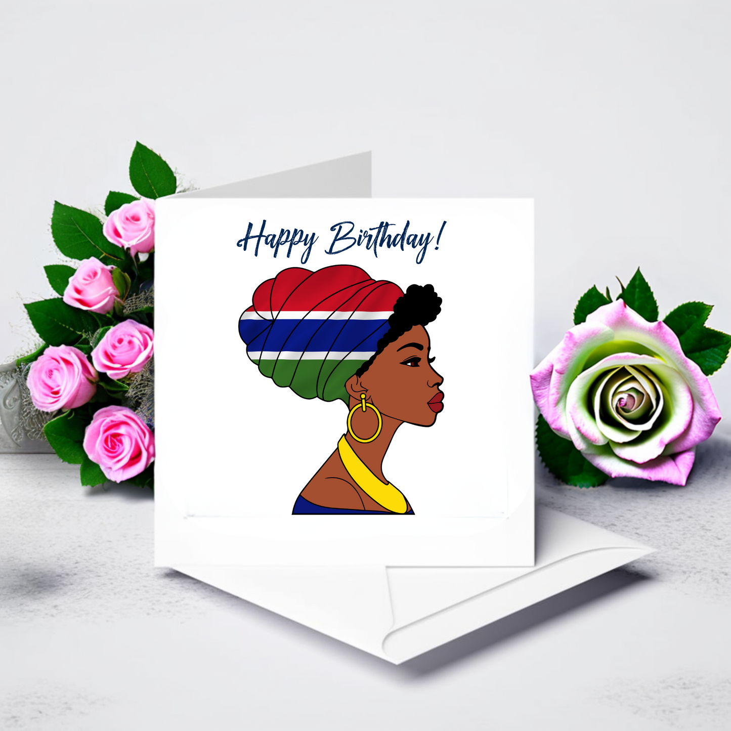 Global Elegance Greeting Card: Woman in Flag Headscarf