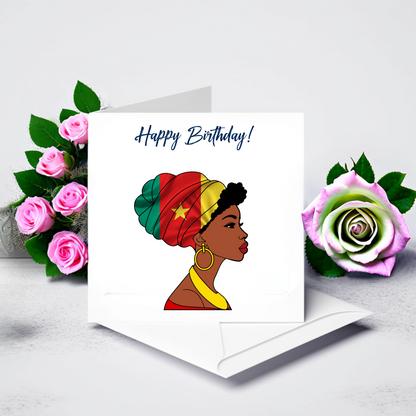 Global Elegance Greeting Card: Woman in Flag Headscarf