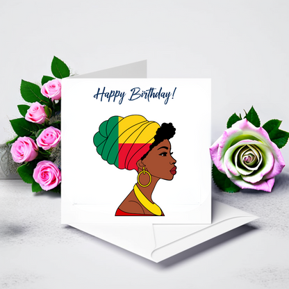 Global Elegance Greeting Card: Woman in Flag Headscarf