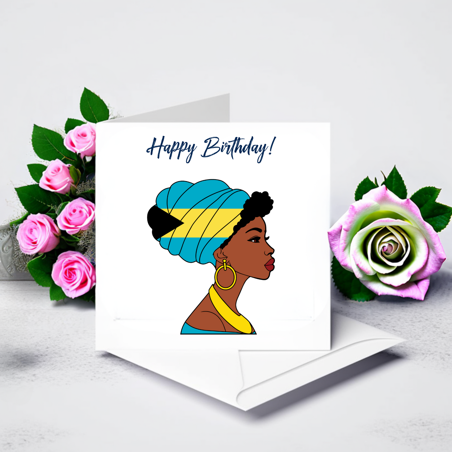 Global Elegance Greeting Card: Woman in Flag Headscarf