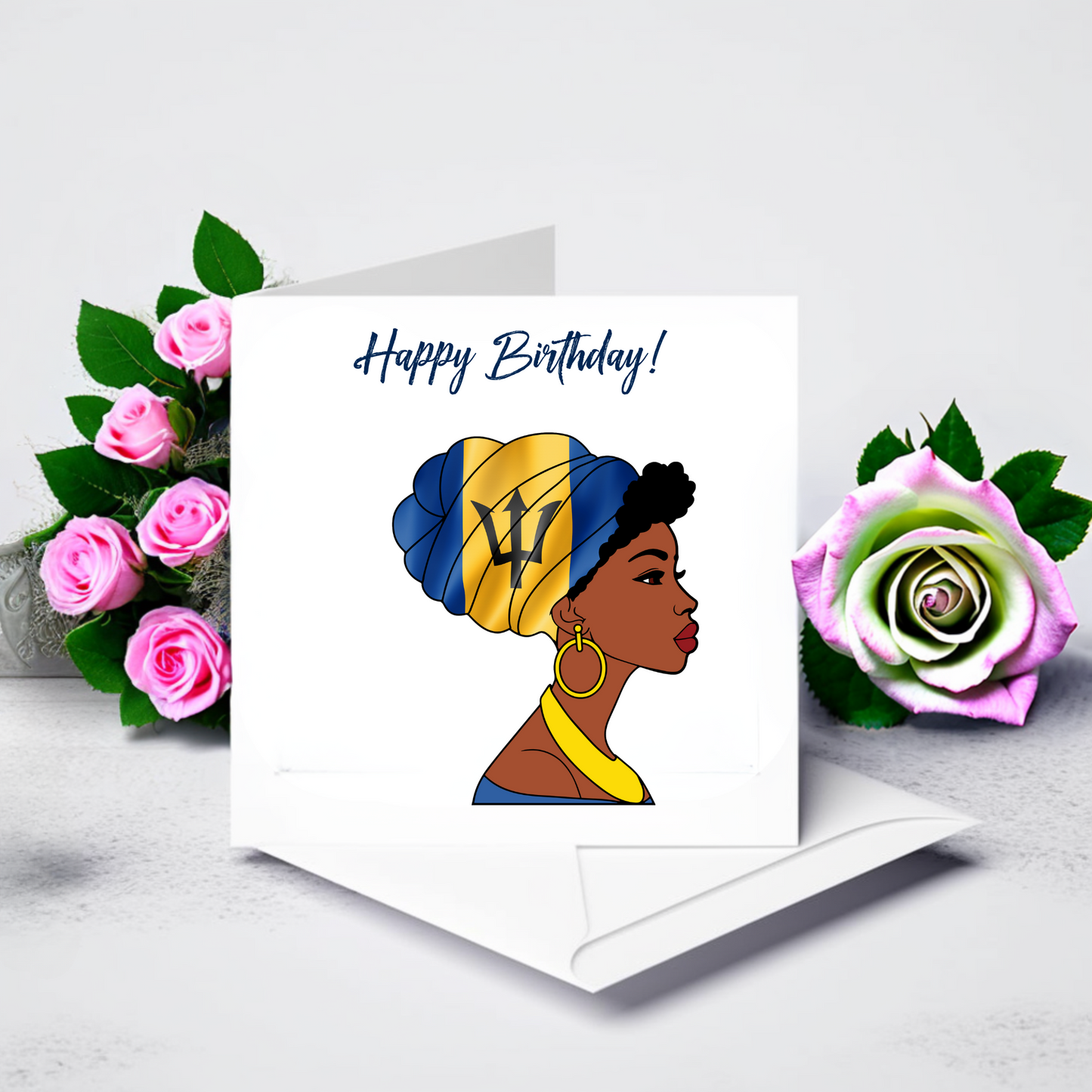 Global Elegance Greeting Card: Woman in Flag Headscarf