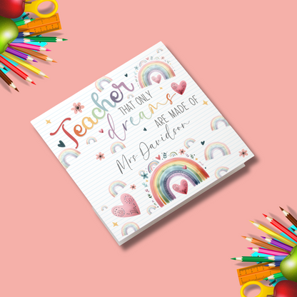 Personalised Teacher Appreciation Card – 'Teacher, Dreams are Made Of' | Custom Thank You Note | Elegant Greeting Card for Teachers