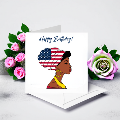 Global Elegance Greeting Card: Woman in Flag Headscarf