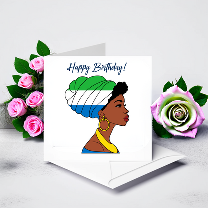 Global Elegance Greeting Card: Woman in Flag Headscarf