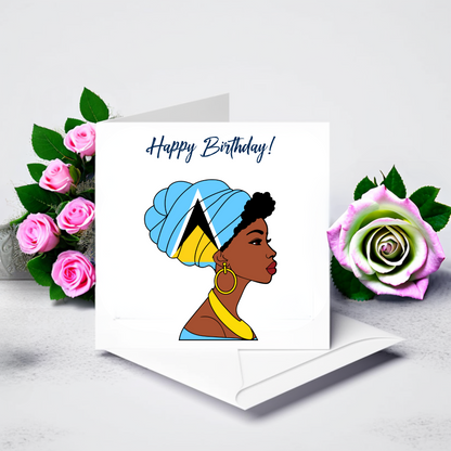 Global Elegance Greeting Card: Woman in Flag Headscarf