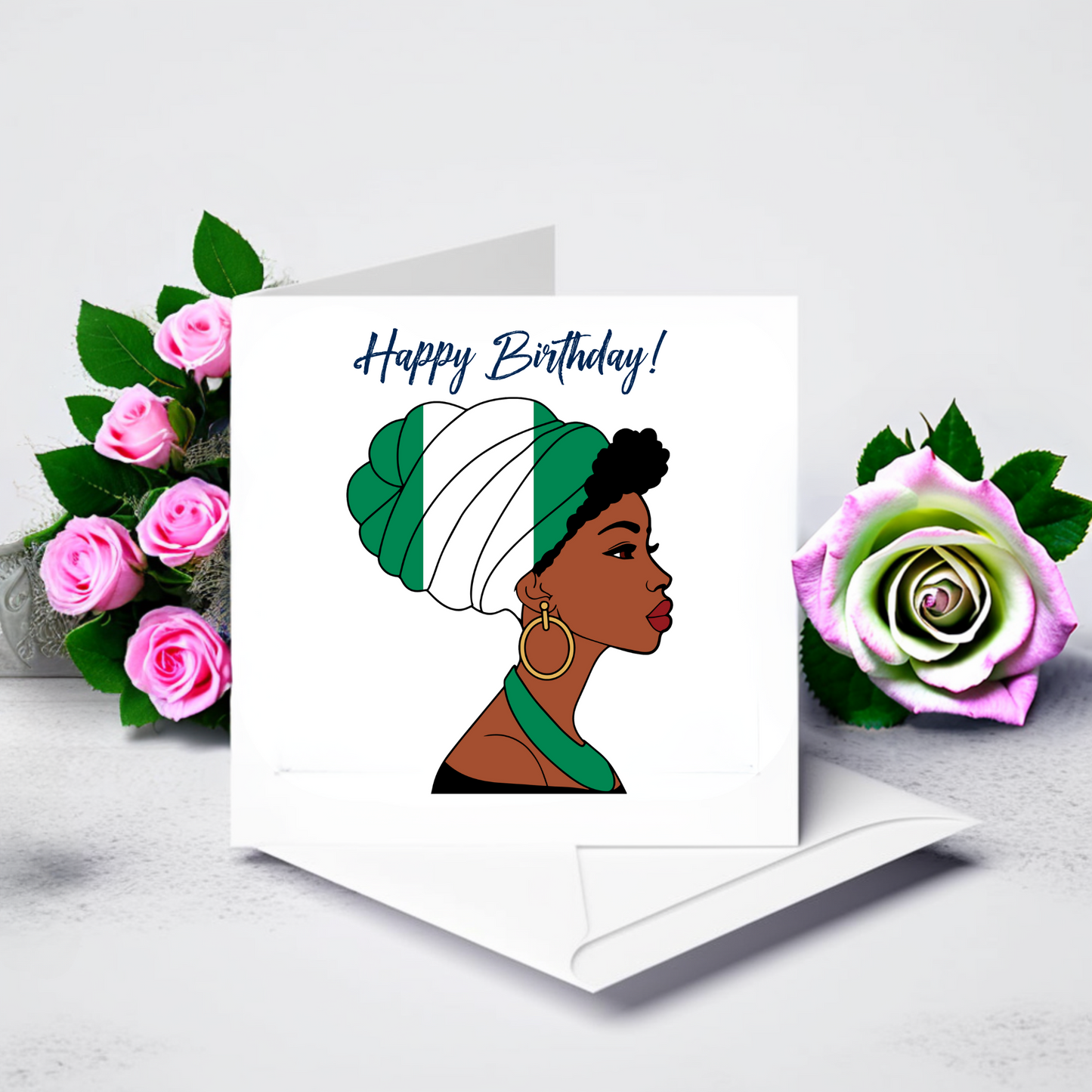 Global Elegance Greeting Card: Woman in Flag Headscarf