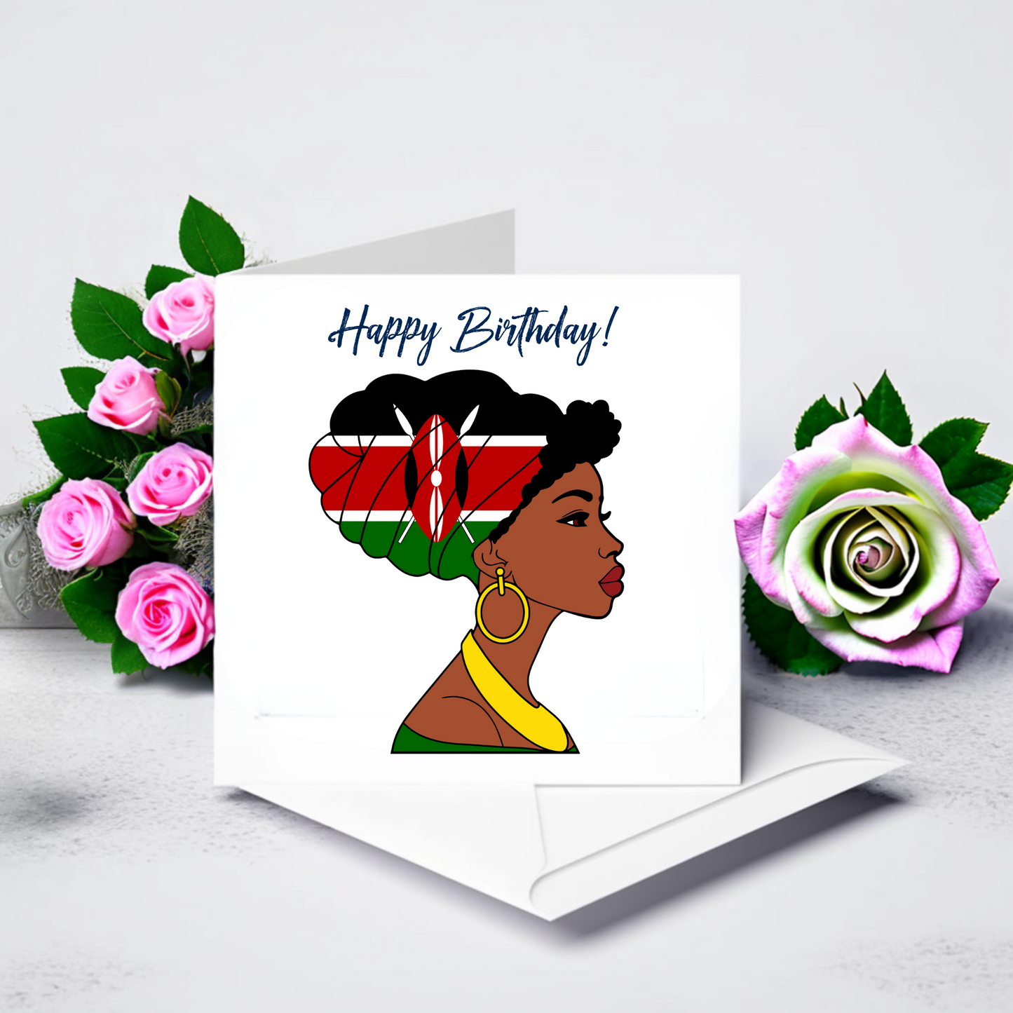 Global Elegance Greeting Card: Woman in Flag Headscarf