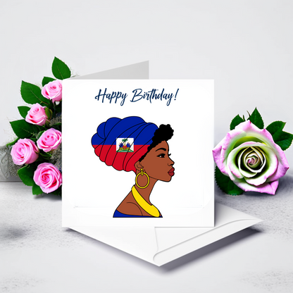 Global Elegance Greeting Card: Woman in Flag Headscarf