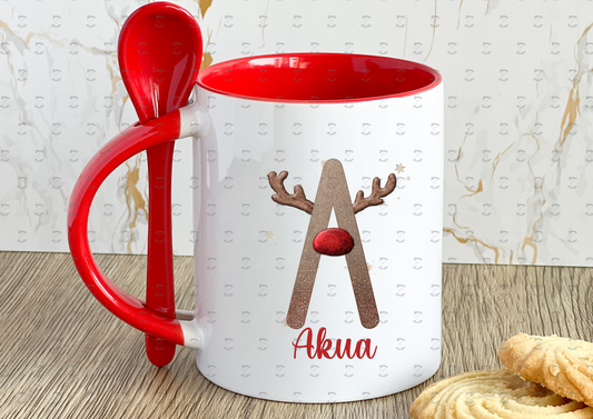 Personalised Reindeer Red Nose Initial and Name Christmas Mug