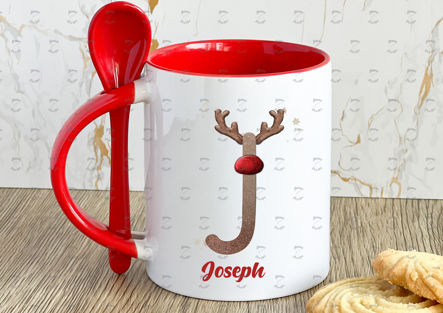 Personalised Reindeer Red Nose Initial and Name Christmas Mug