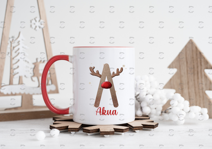Personalised Reindeer Red Nose Initial and Name Christmas Mug