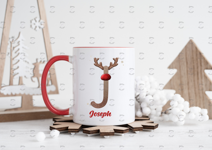 Personalised Reindeer Red Nose Initial and Name Christmas Mug