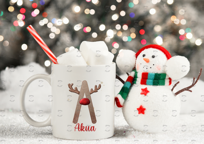 Personalised Reindeer Red Nose Initial and Name Christmas Mug